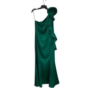 Mango One Shoulder Ruffle Maxi Dress 8 Dark Green Rose Detail Formal Chic